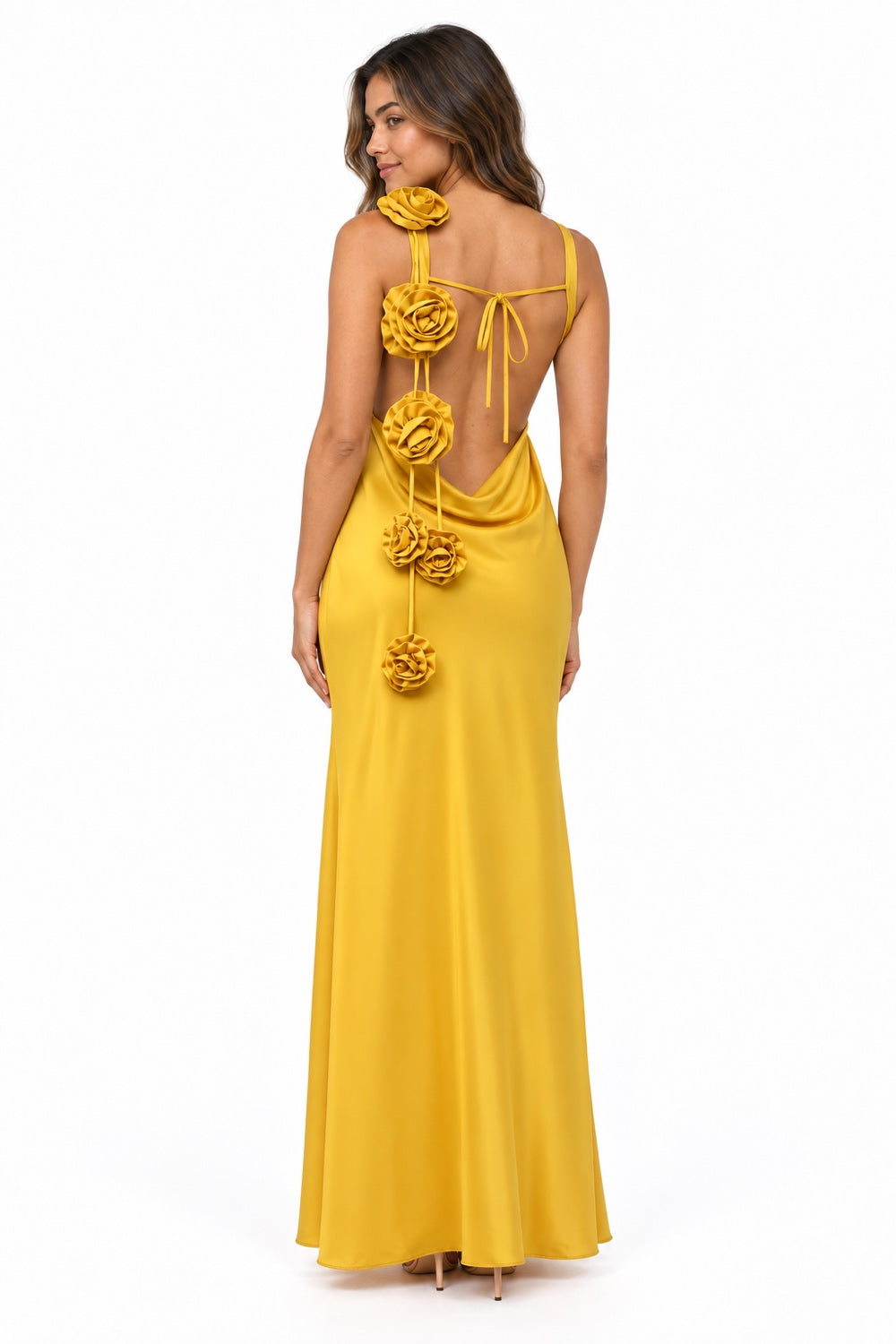 Pink Shop by MAF Vestido largo halter mostaza, espalda