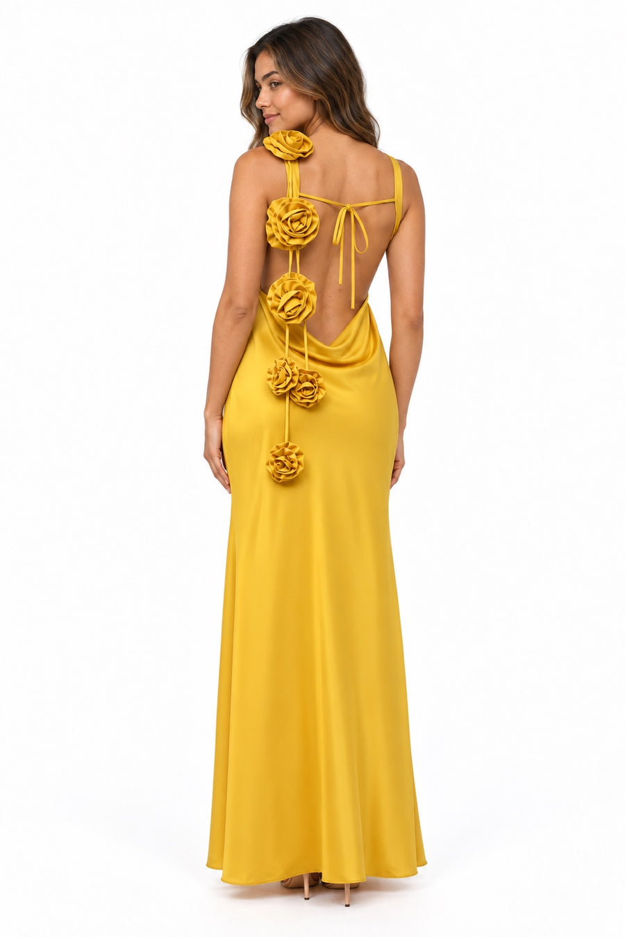 Pink Shop by MAF Vestido largo halter mostaza, espalda