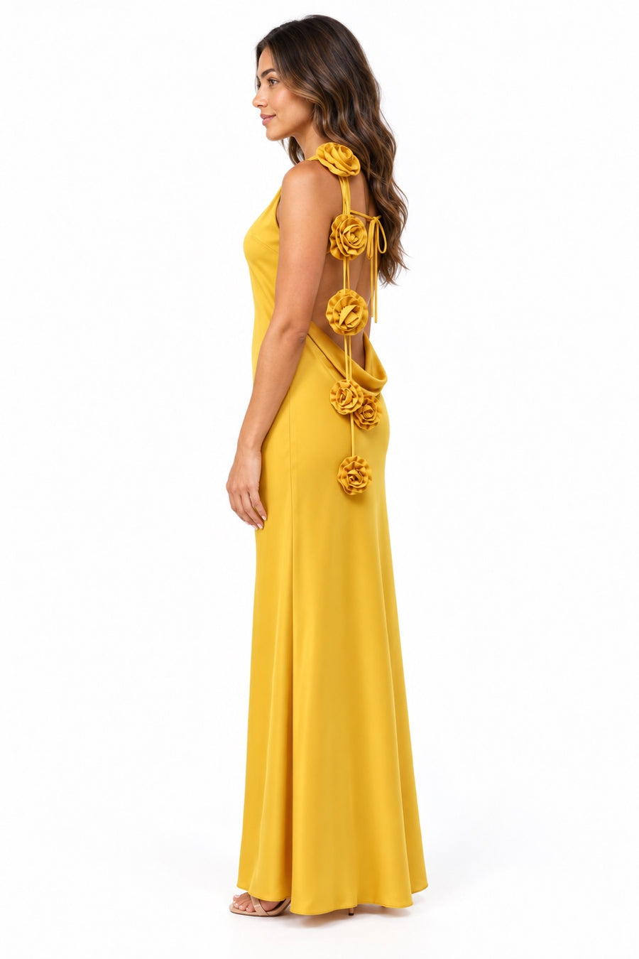 Pink Shop by MAF Vestido largo halter mostaza, lateral