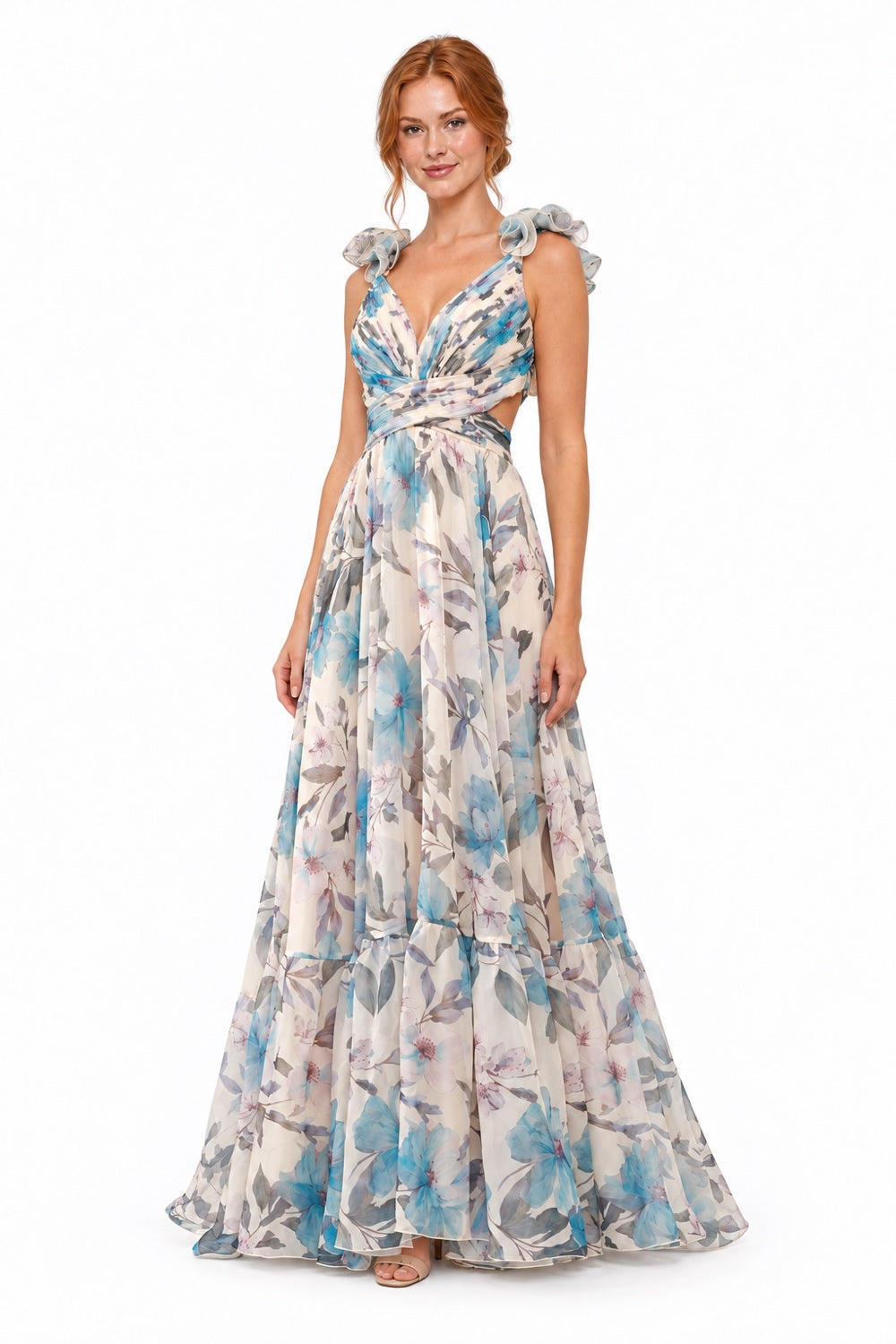 Pink Shop by MAF Vestido largo de organza estampado con corpiño cruzado marfil, tres cuartos