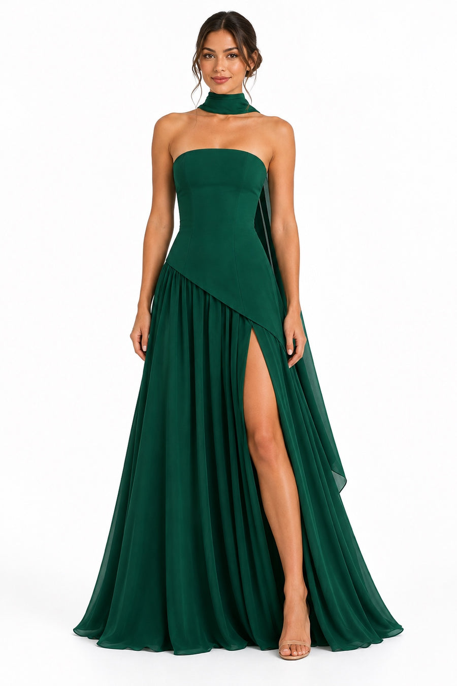 Pink Shop by MAF Vestido strapless con estola y abertura verde esmeralda, portada
