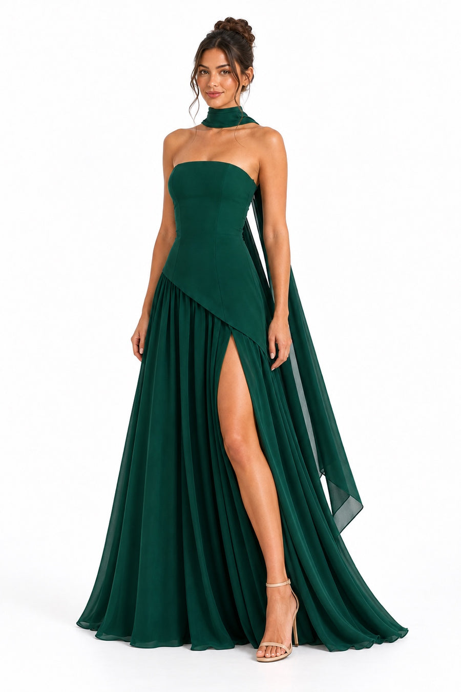 Pink Shop by MAF Vestido strapless con estola y abertura verde esmeralda, tres cuartos