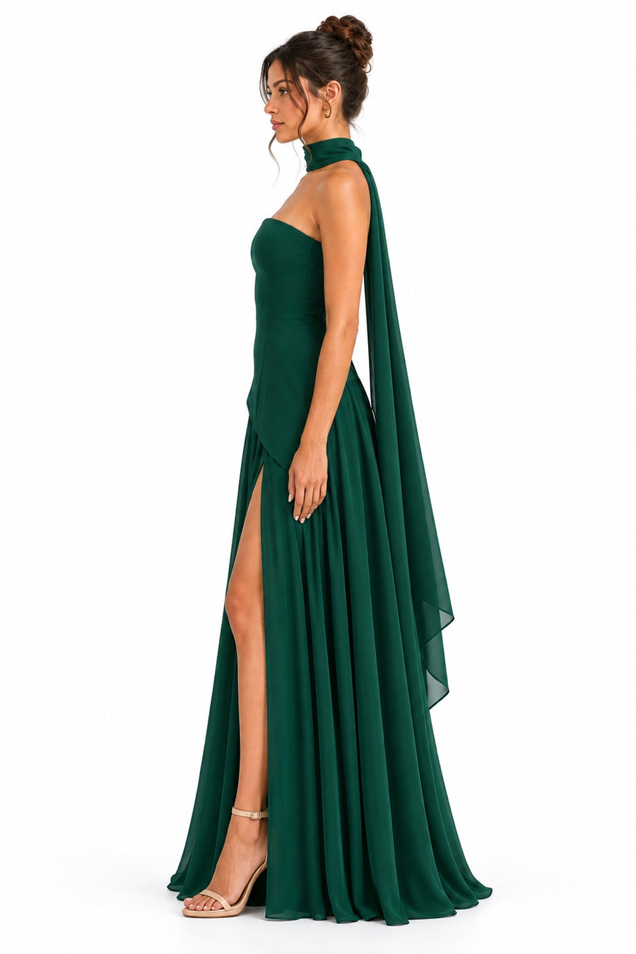 Pink Shop by MAF Vestido strapless con estola y abertura verde esmeralda, lateral