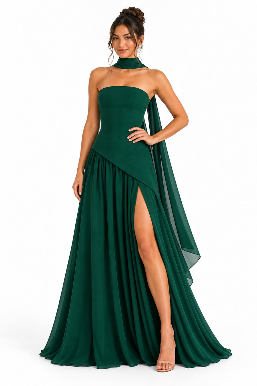 Pink Shop by MAF Vestido strapless con estola y abertura verde esmeralda, editorial