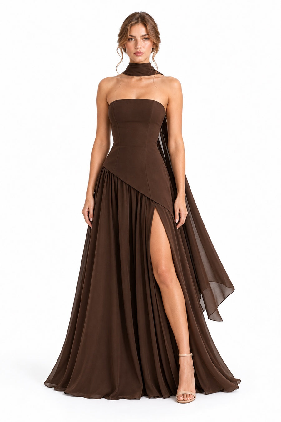 Pink Shop by MAF Vestido Strapless con Estola y Abertura café, portada