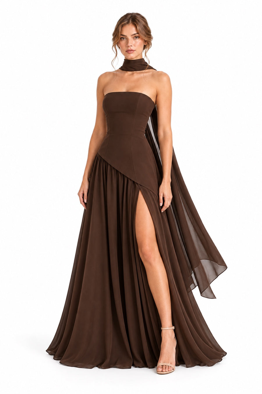Pink Shop by MAF Vestido Strapless con Estola y Abertura café, tres cuartos