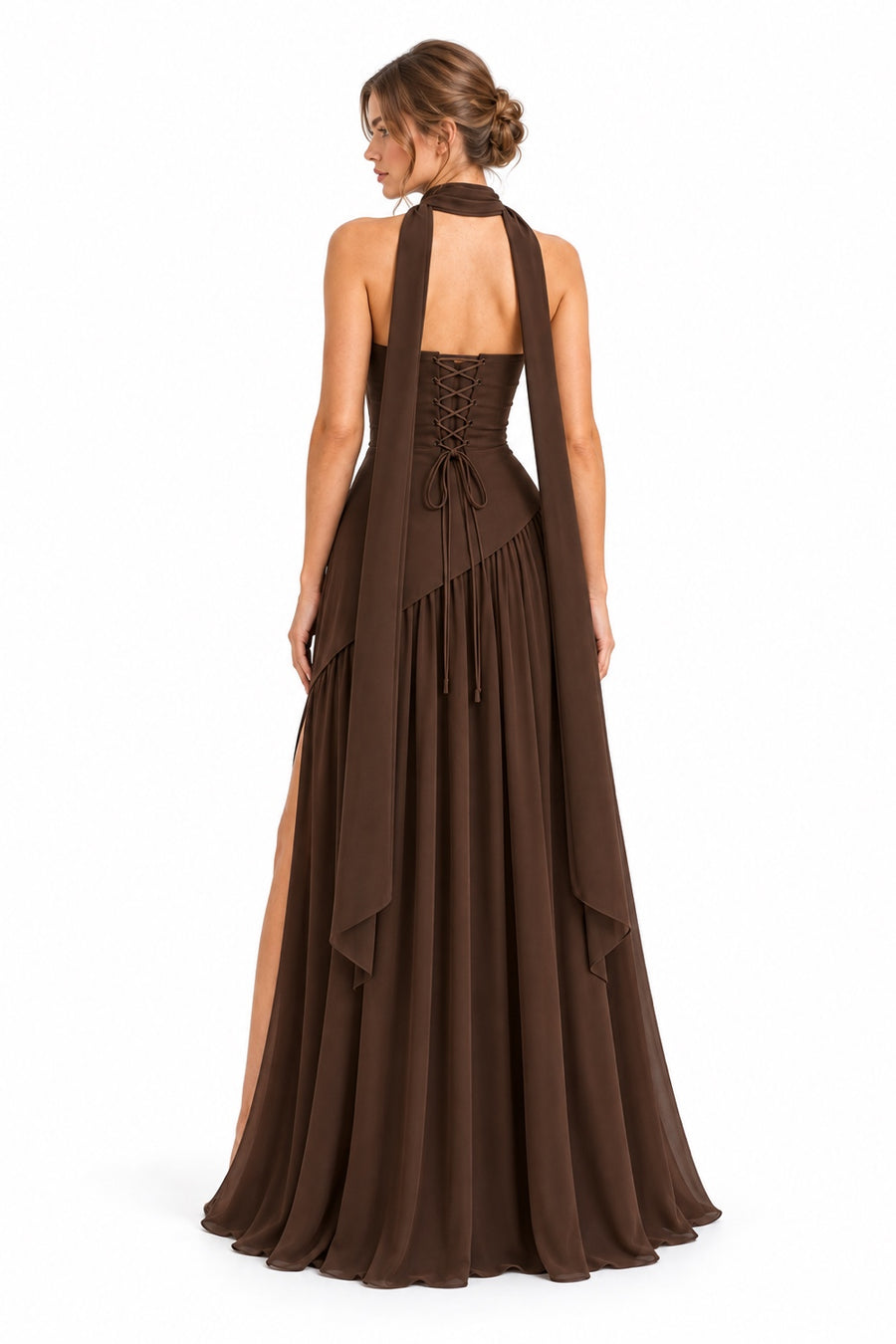 Pink Shop by MAF Vestido Strapless con Estola y Abertura café, espalda