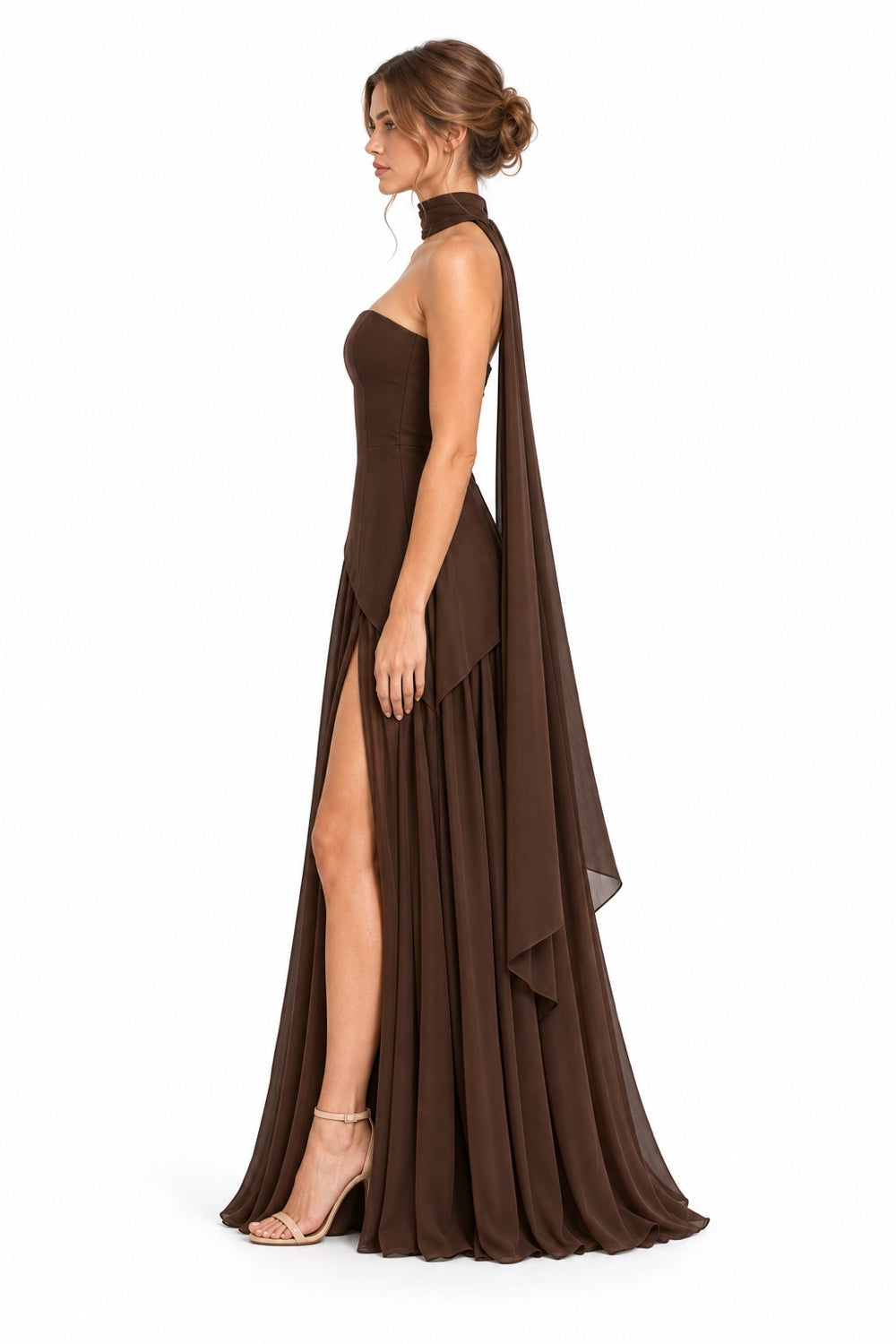 Pink Shop by MAF Vestido Strapless con Estola y Abertura café, lateral