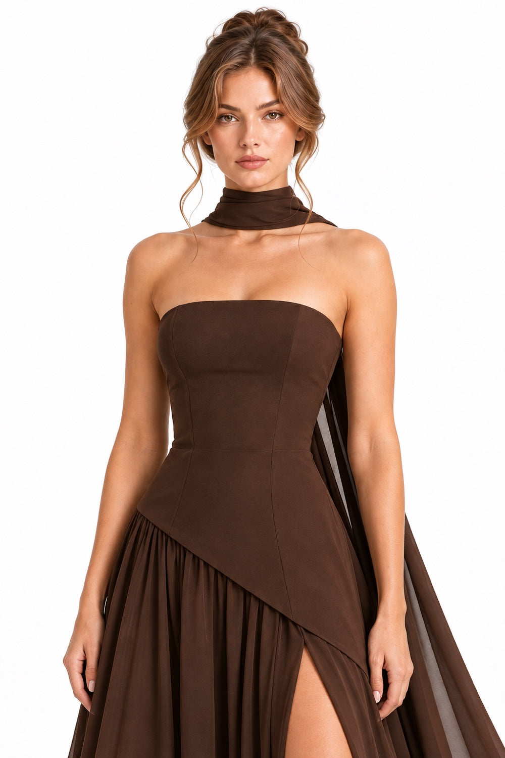 Pink Shop by MAF Vestido Strapless con Estola y Abertura café, detalle