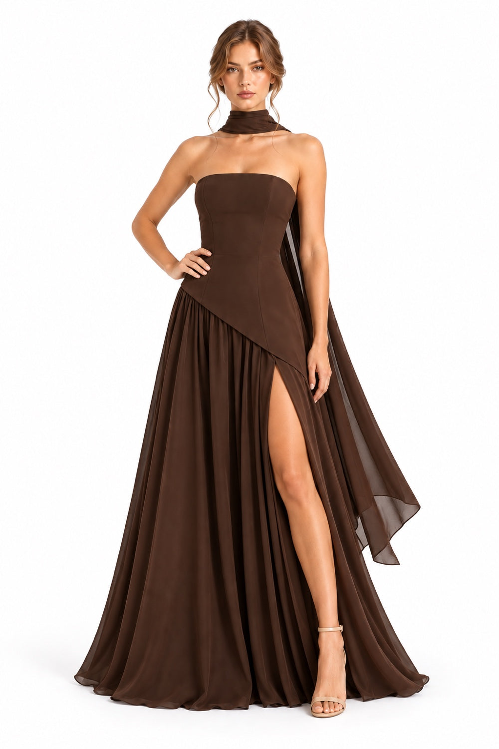 Pink Shop by MAF Vestido Strapless con Estola y Abertura café, editorial