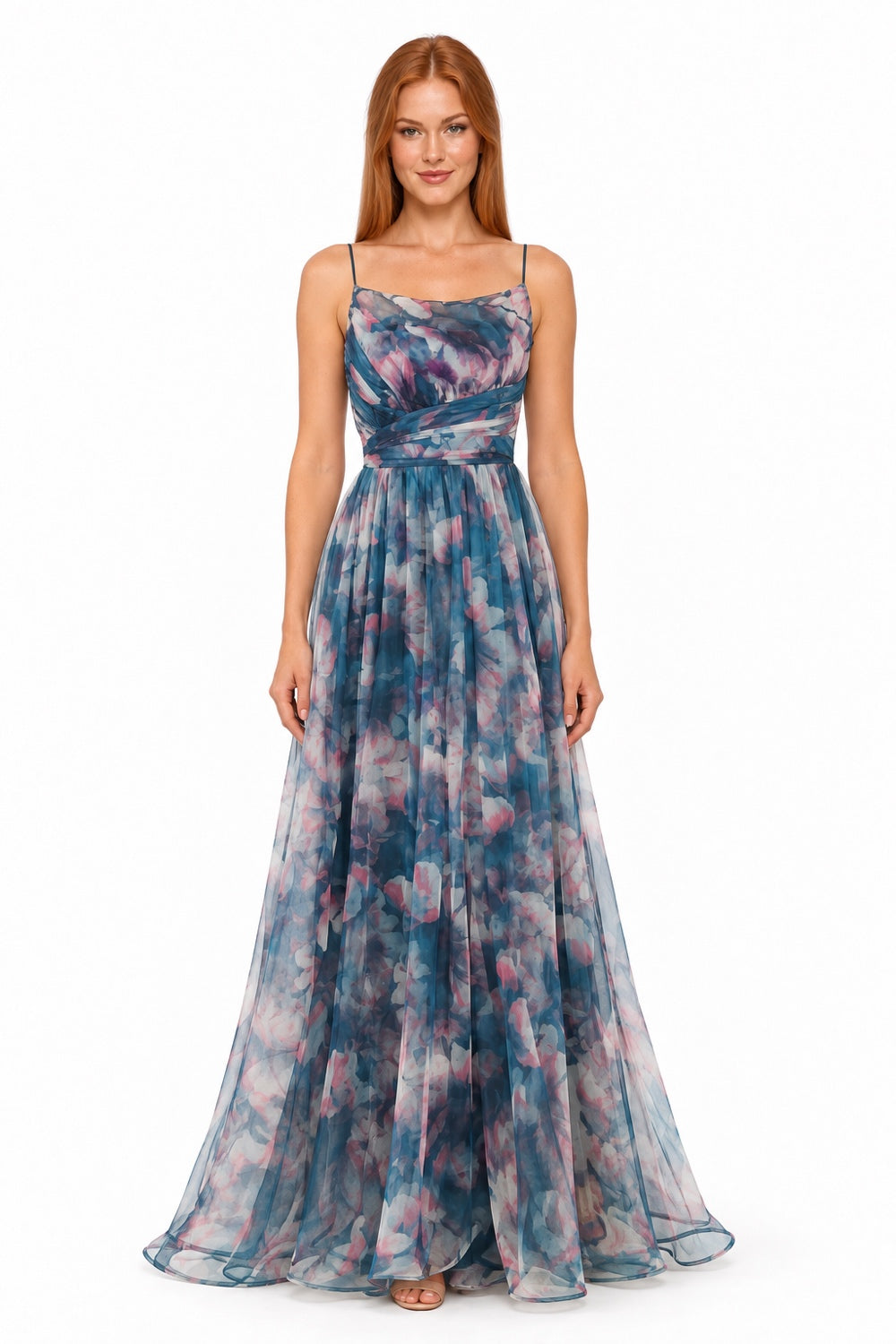 Pink Shop by MAF Vestido largo de malla estampado floral con tirantes teal, portada