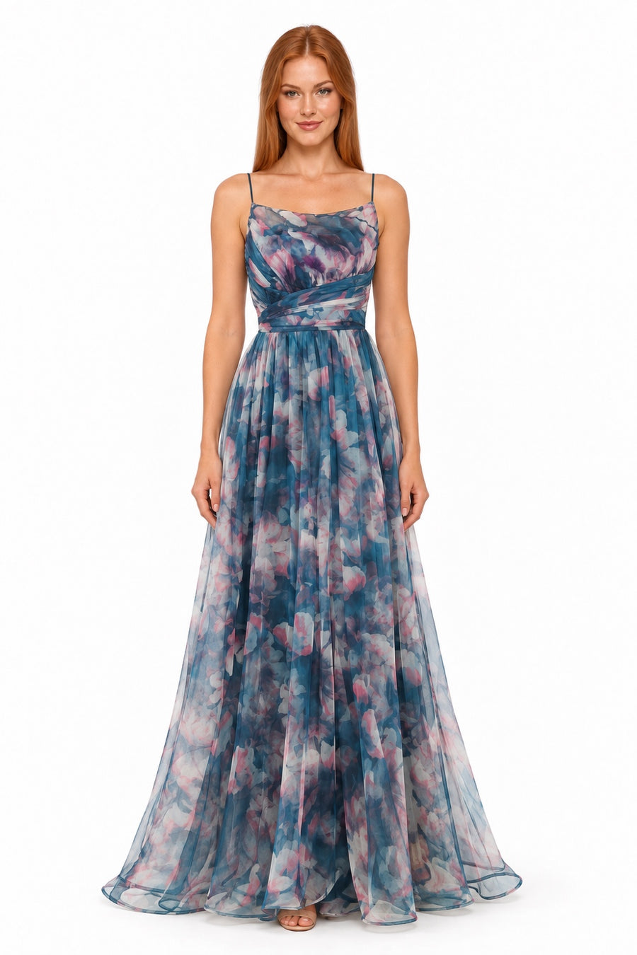 Pink Shop by MAF Vestido largo de malla estampado floral con tirantes teal, portada