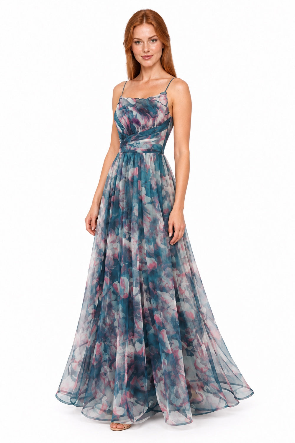 Pink Shop by MAF Vestido largo de malla estampado floral con tirantes teal, tres cuartos