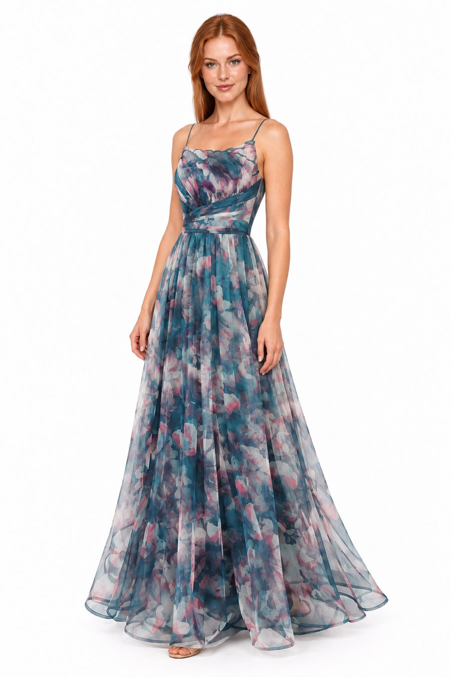 Pink Shop by MAF Vestido largo de malla estampado floral con tirantes teal, tres cuartos
