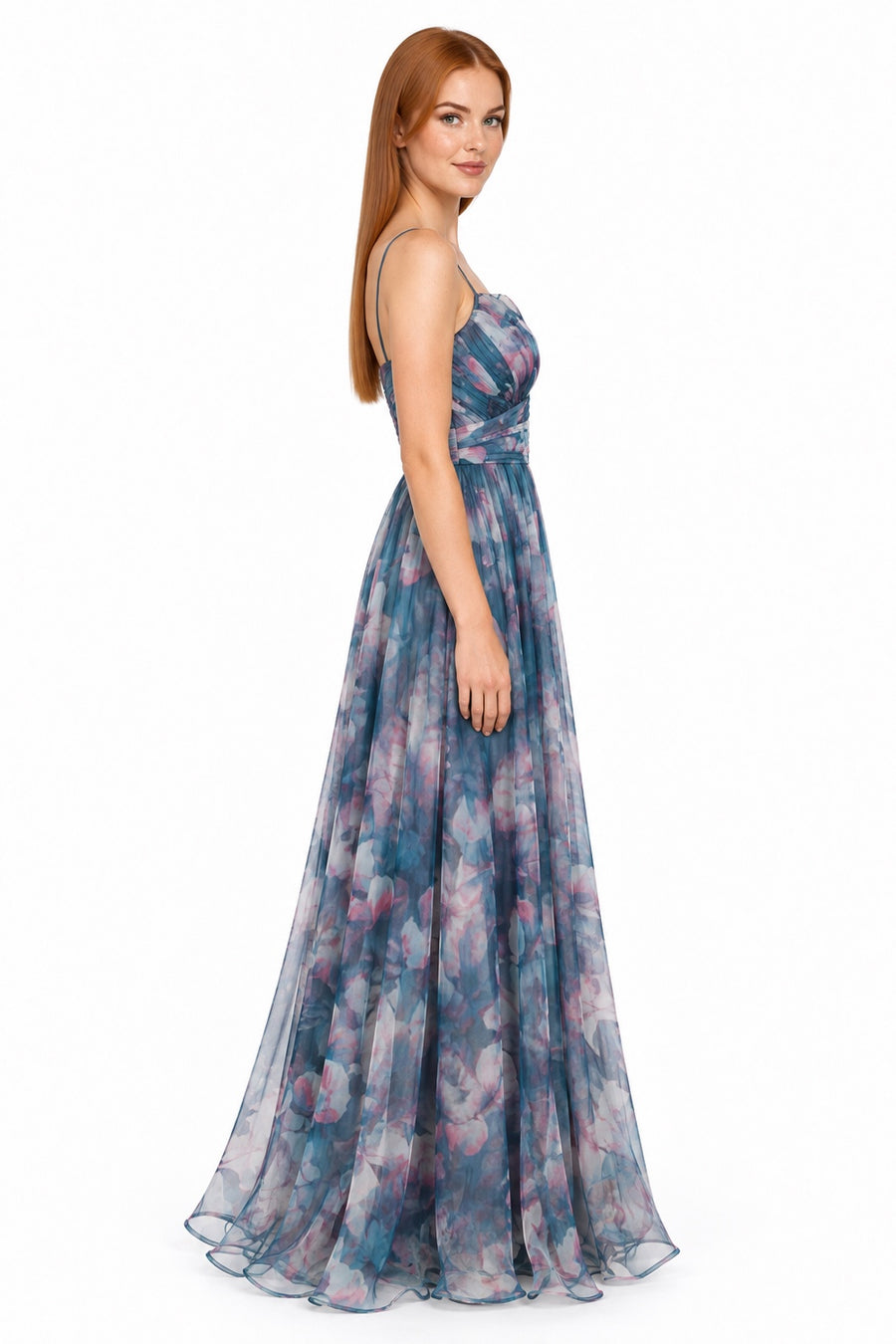 Pink Shop by MAF Vestido largo de malla estampado floral con tirantes teal, lateral