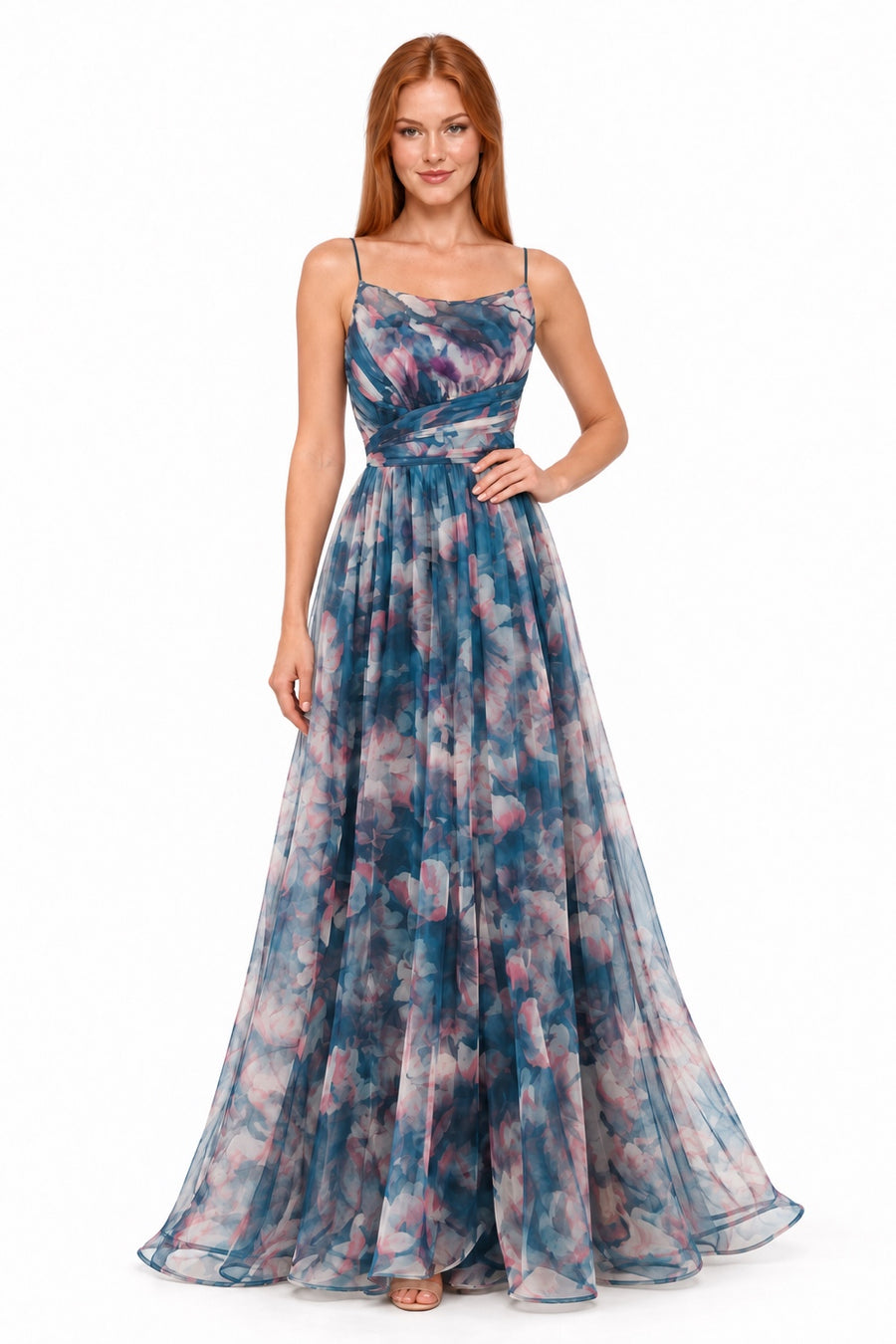 Pink Shop by MAF Vestido largo de malla estampado floral con tirantes teal, editorial