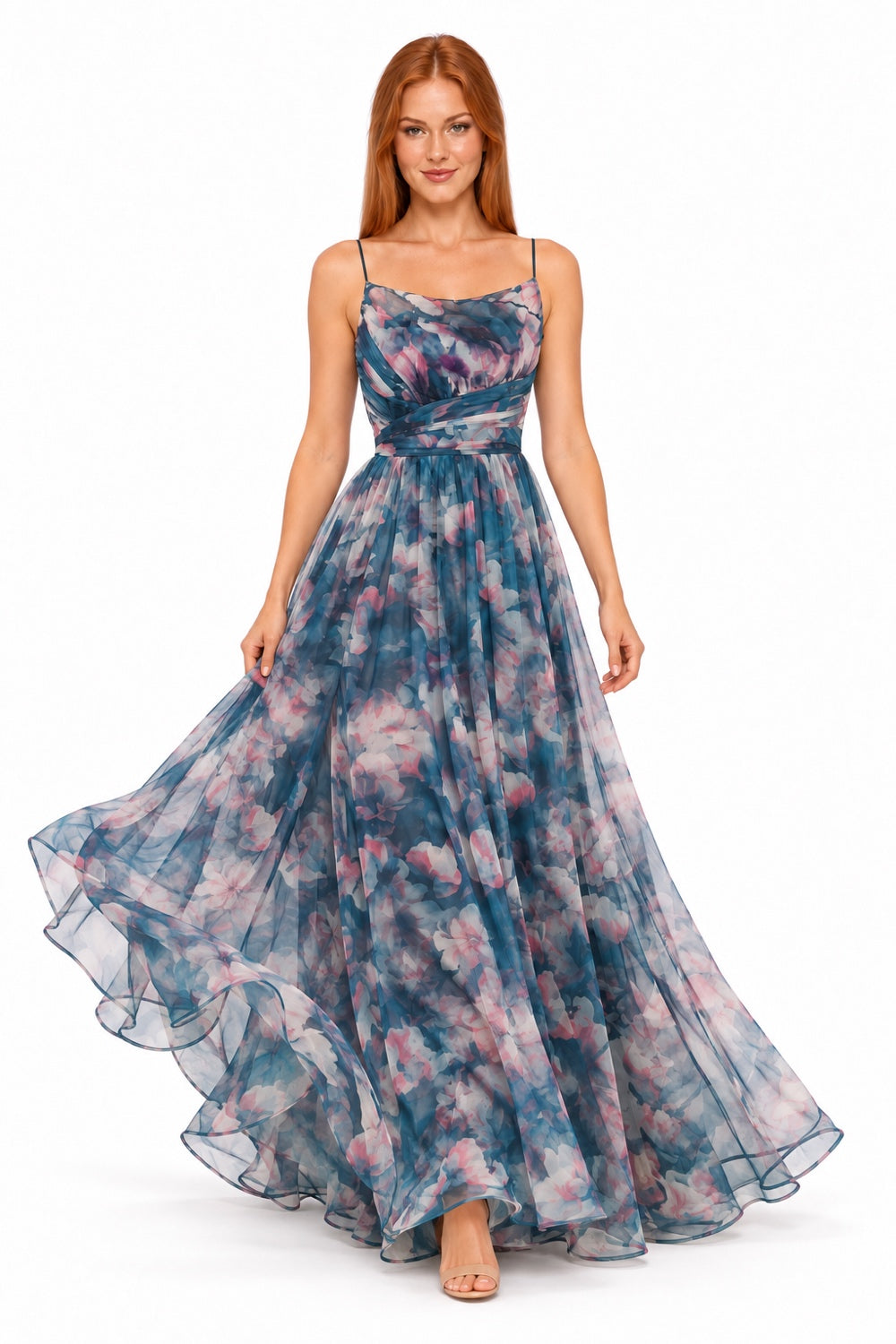 Pink Shop by MAF Vestido largo de malla estampado floral con tirantes teal, movimiento