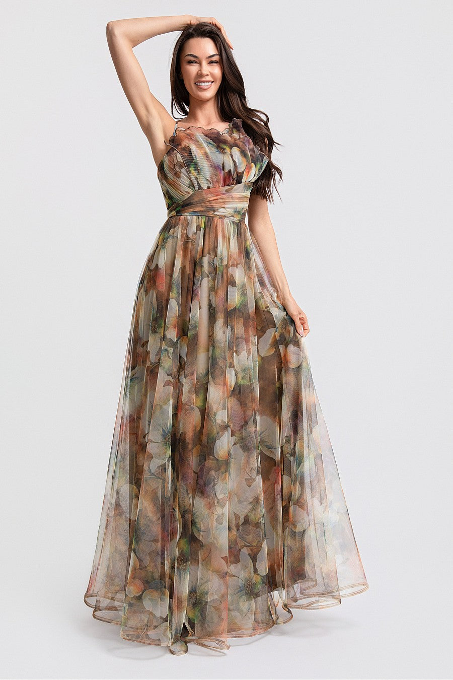 Pink Shop by MAF Vestido largo de malla estampado floral con tirantes café, vista 10