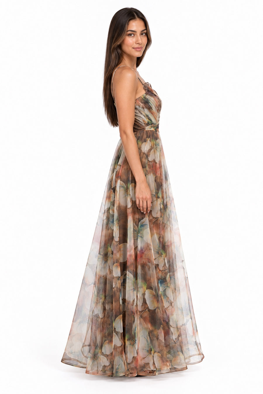 Pink Shop by MAF Vestido largo de malla estampado floral con tirantes café, lateral