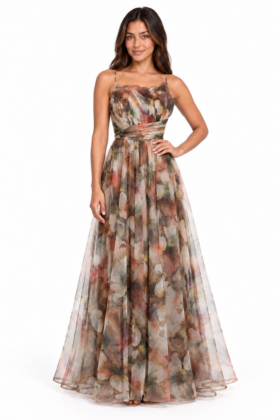 Pink Shop by MAF Vestido largo de malla estampado floral con tirantes café, editorial