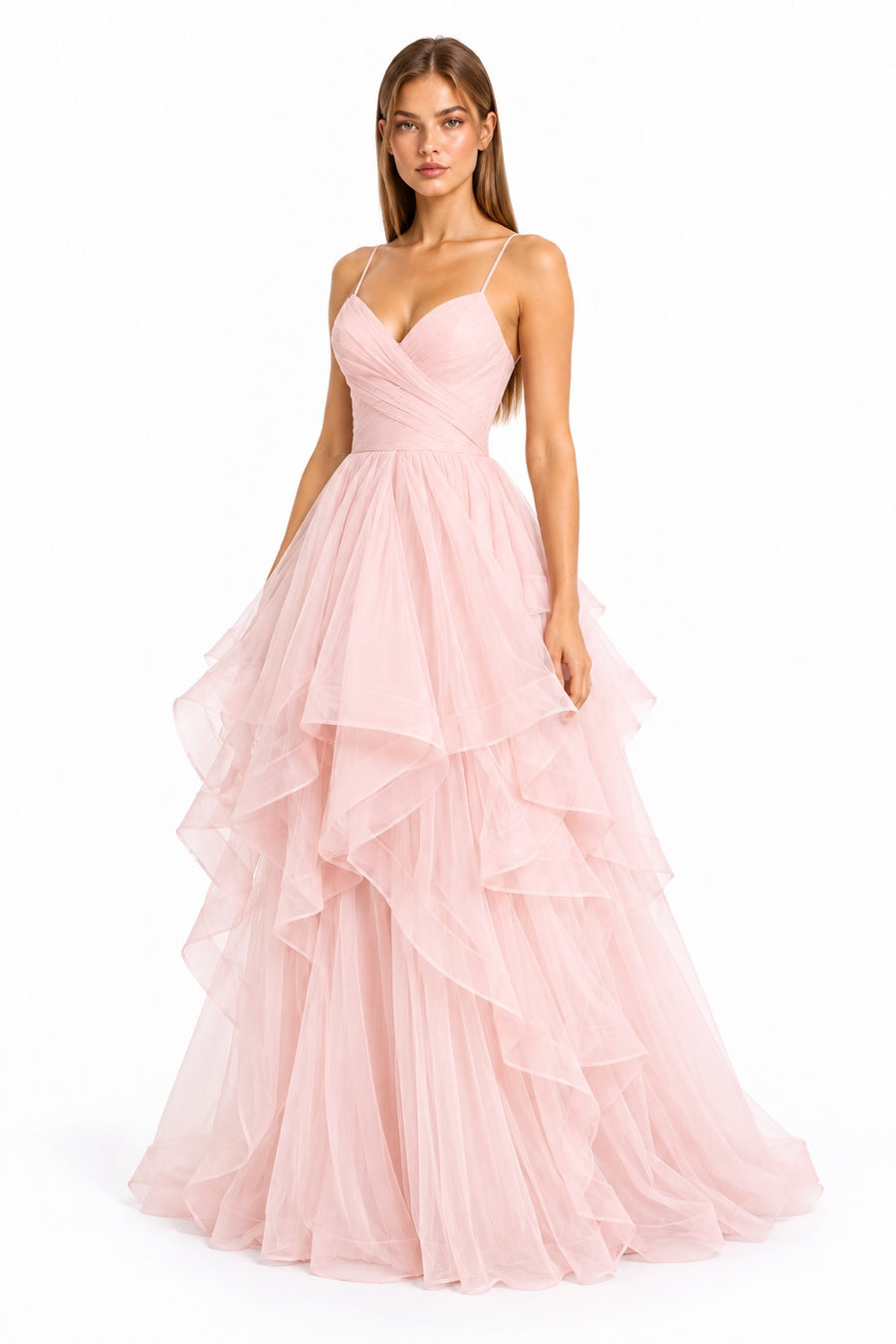 Pink Shop by MAF Vestido largo de olanes escote V con corsé en la espalda rosa, tres cuartos