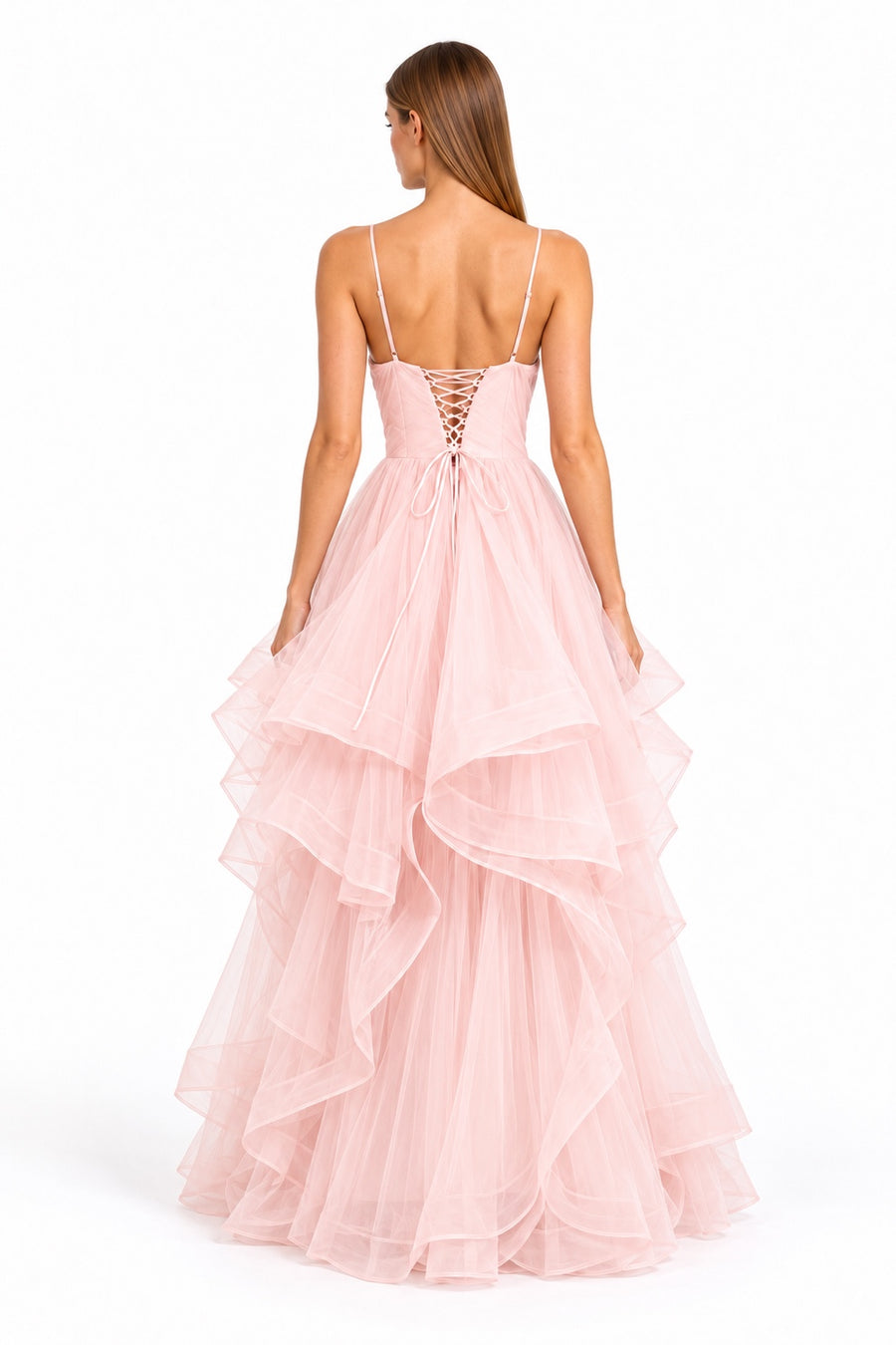 Pink Shop by MAF Vestido largo de olanes escote V con corsé en la espalda rosa, espalda