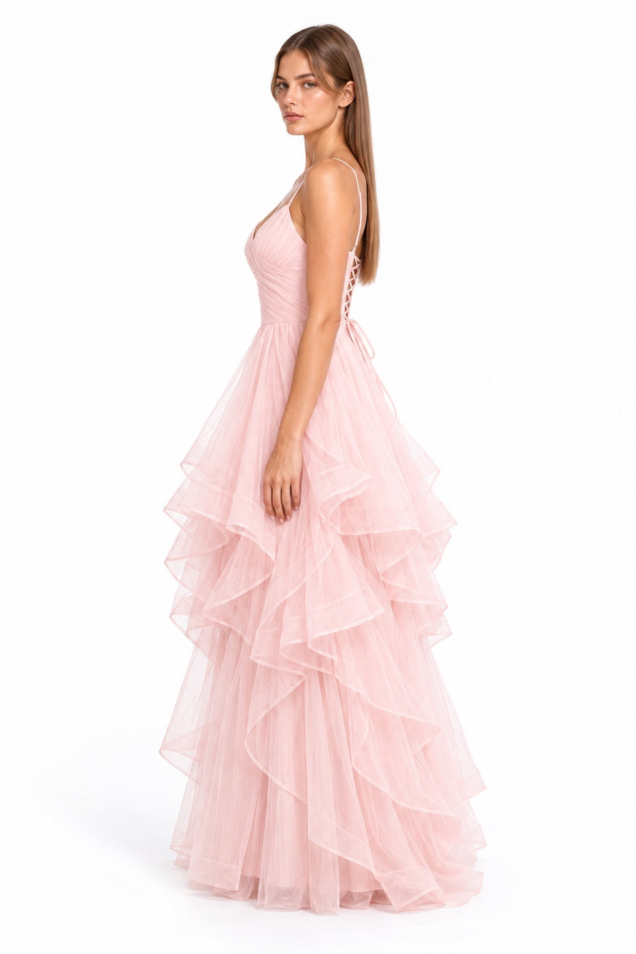 Pink Shop by MAF Vestido largo de olanes escote V con corsé en la espalda rosa, lateral
