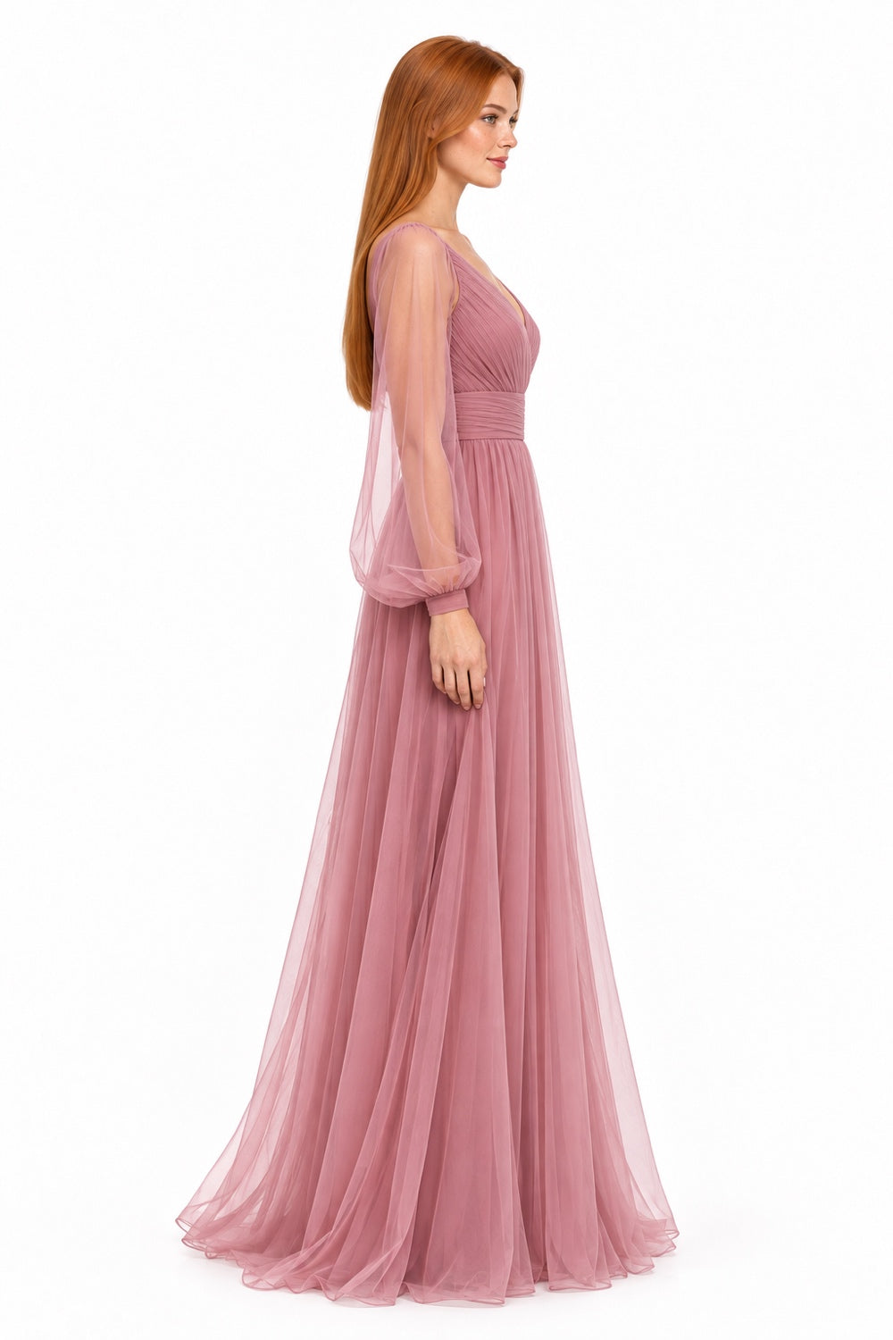 Pink Shop by MAF Vestido largo de malla manga larga rosa, lateral