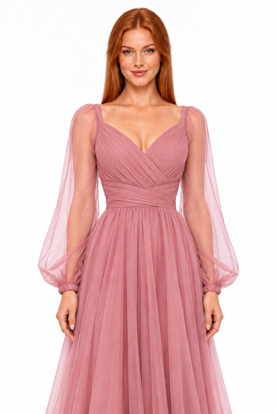 Pink Shop by MAF Vestido largo de malla manga larga rosa, detalle