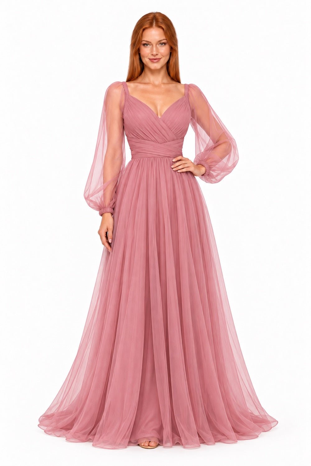 Pink Shop by MAF Vestido largo de malla manga larga rosa, editorial