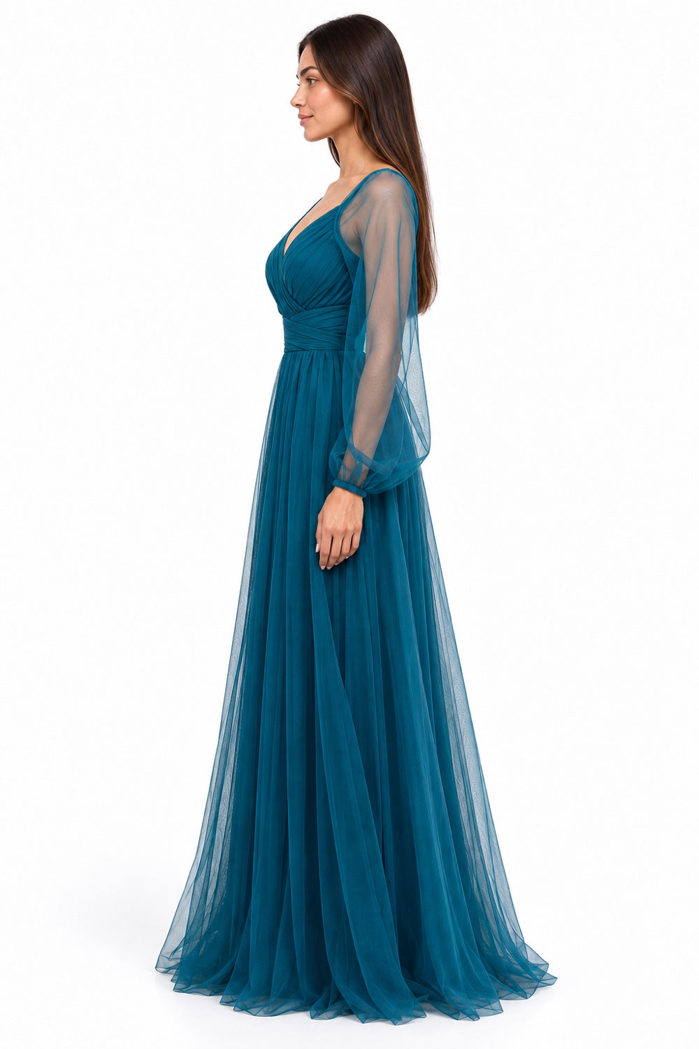 Pink Shop by MAF Vestido largo de malla manga larga teal, lateral