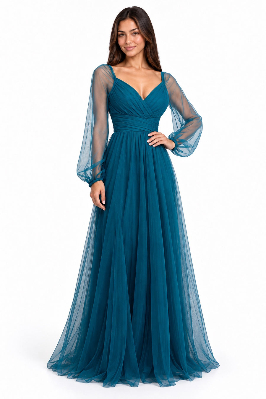 Pink Shop by MAF Vestido largo de malla manga larga teal, editorial
