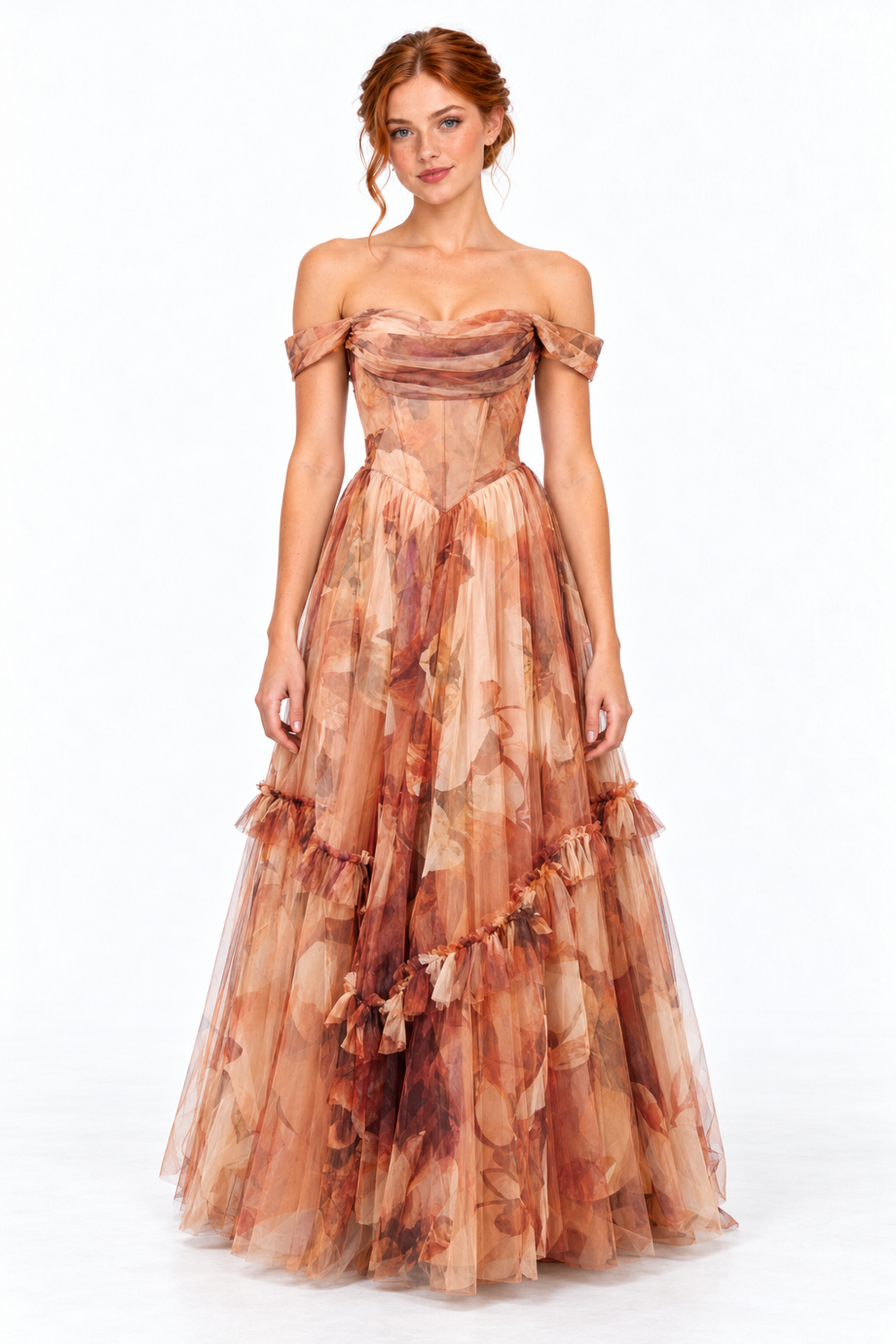 Pink Shop by MAF Vestido largo de malla off shoulder con corsé moca, portada
