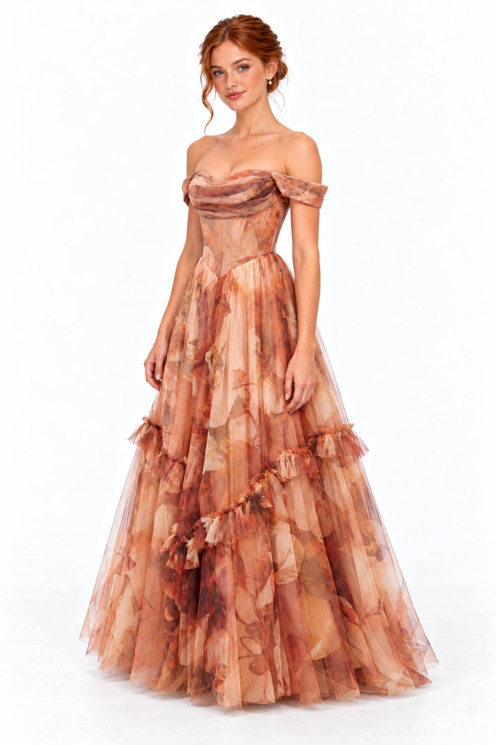 Pink Shop by MAF Vestido largo de malla off shoulder con corsé moca, tres cuartos