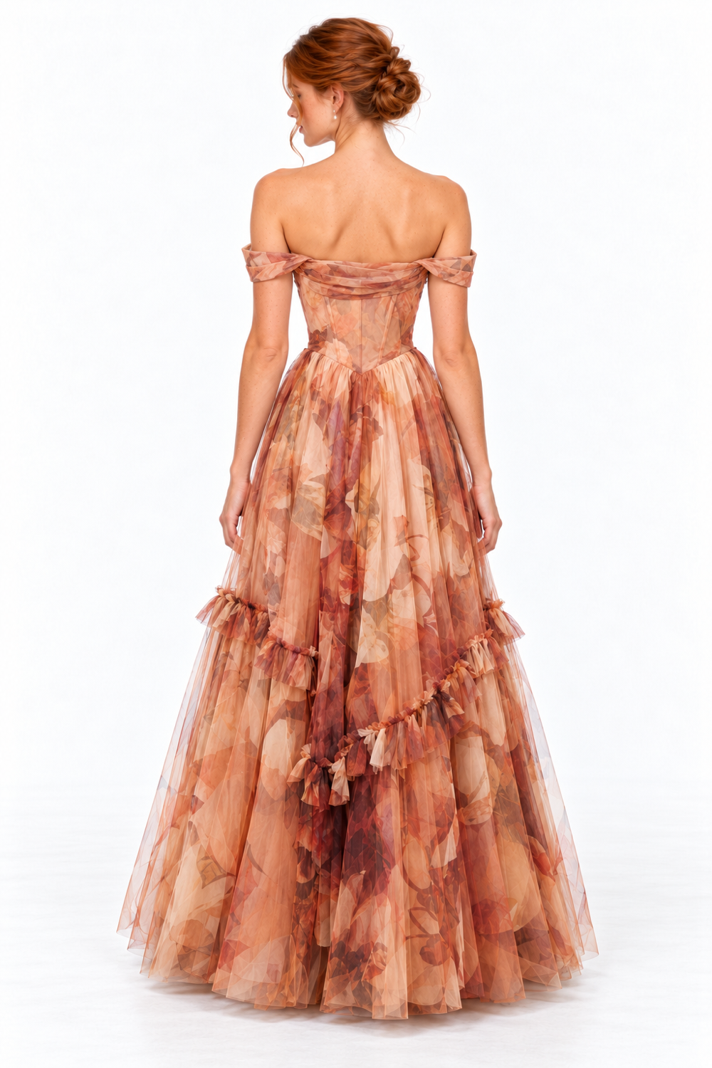 Pink Shop by MAF Vestido largo de malla off shoulder con corsé moca, espalda