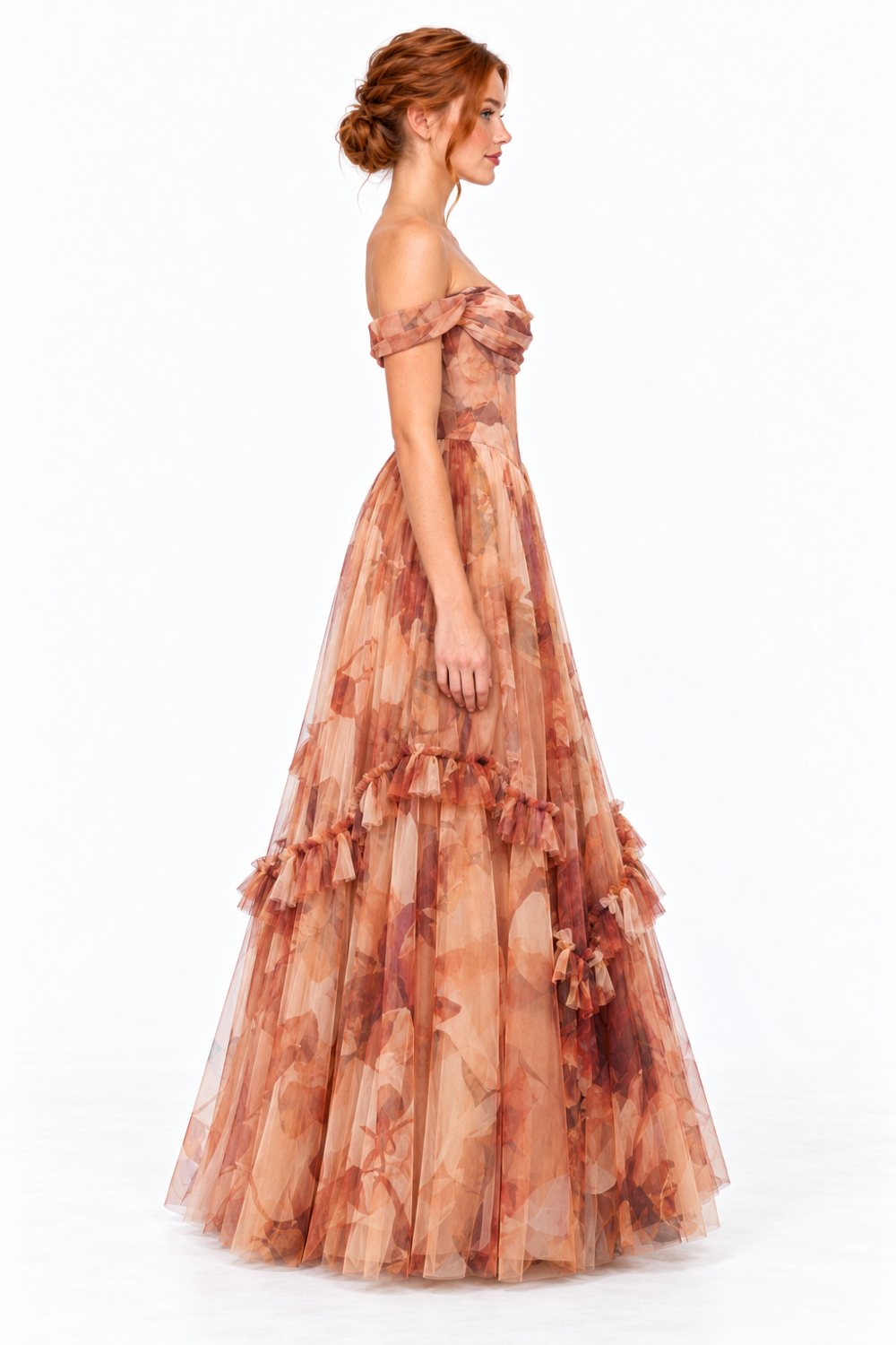 Pink Shop by MAF Vestido largo de malla off shoulder con corsé moca, lateral