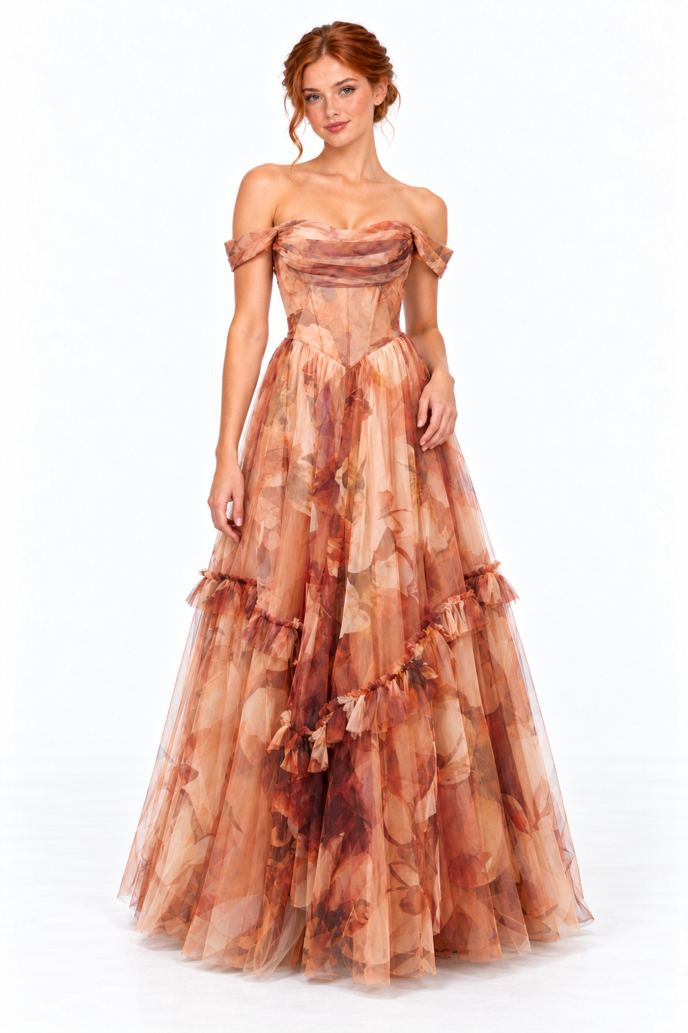 Pink Shop by MAF Vestido largo de malla off shoulder con corsé moca, editorial