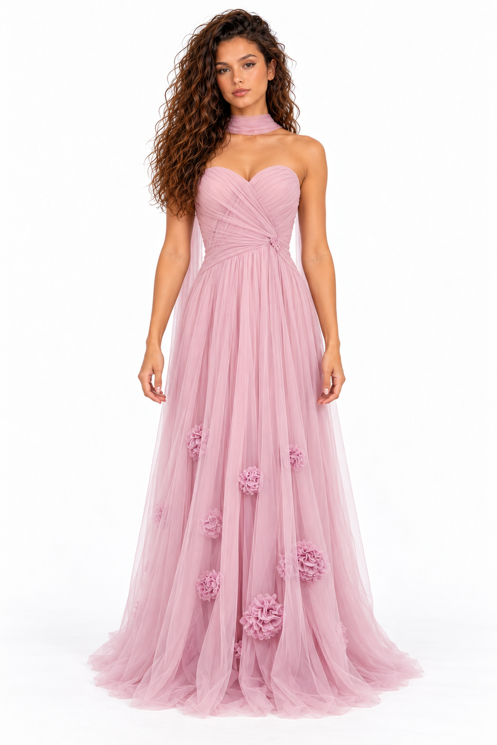 Pink Shop by MAF Vestido largo de malla escote corazón con flores 3D mauve, portada