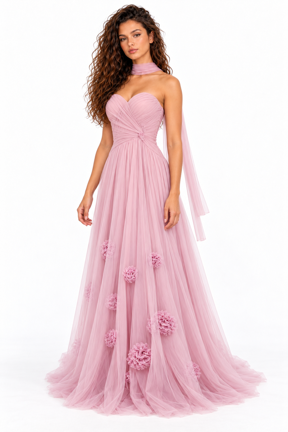 Pink Shop by MAF Vestido largo de malla escote corazón con flores 3D mauve, tres cuartos