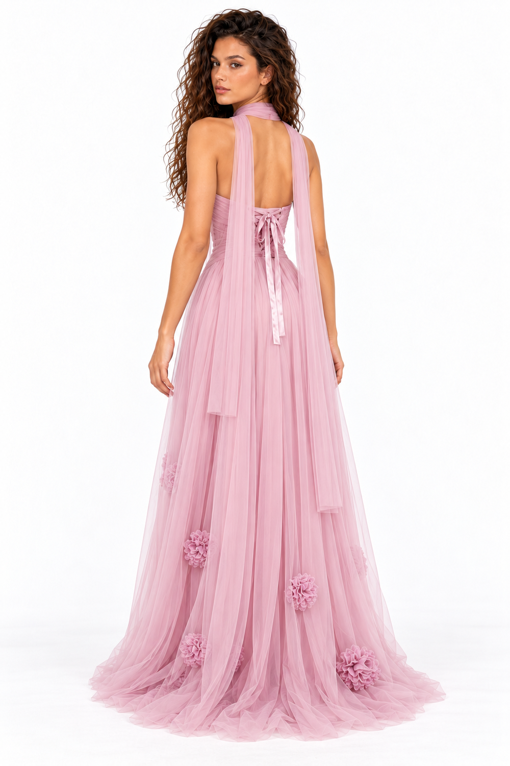 Pink Shop by MAF Vestido largo de malla escote corazón con flores 3D mauve, espalda