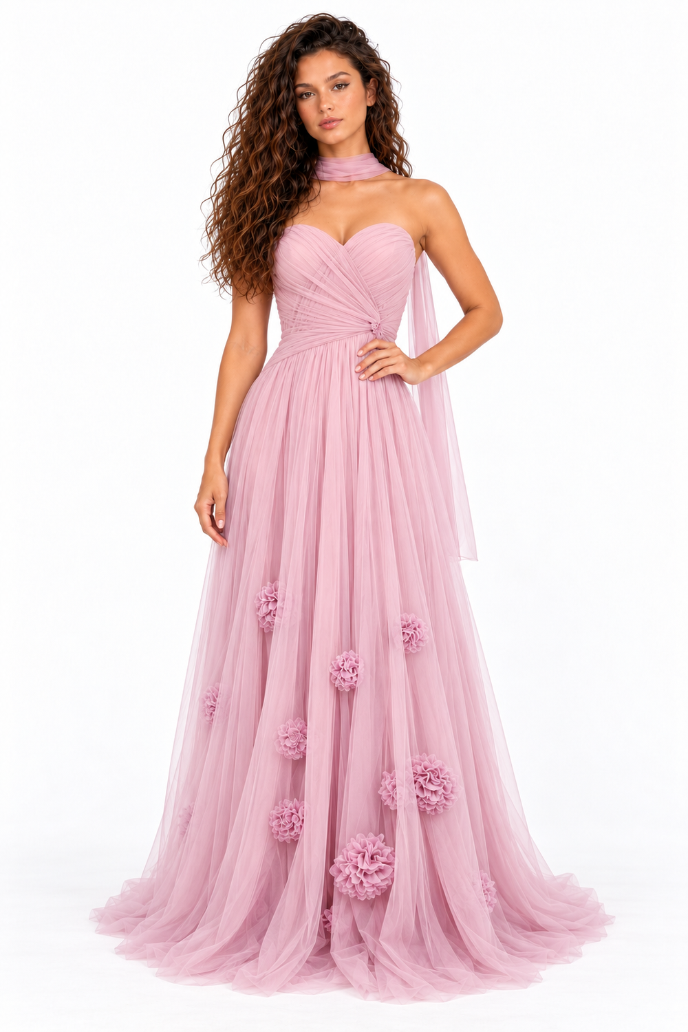 Pink Shop by MAF Vestido largo de malla escote corazón con flores 3D mauve, editorial