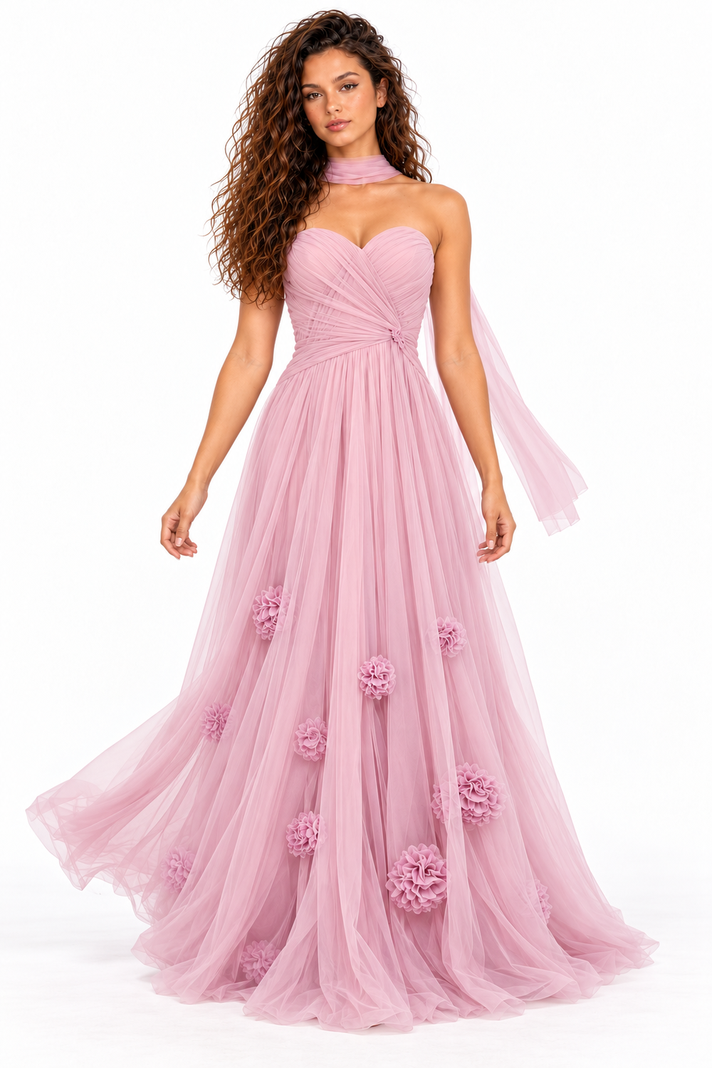 Pink Shop by MAF Vestido largo de malla escote corazón con flores 3D mauve, movimiento