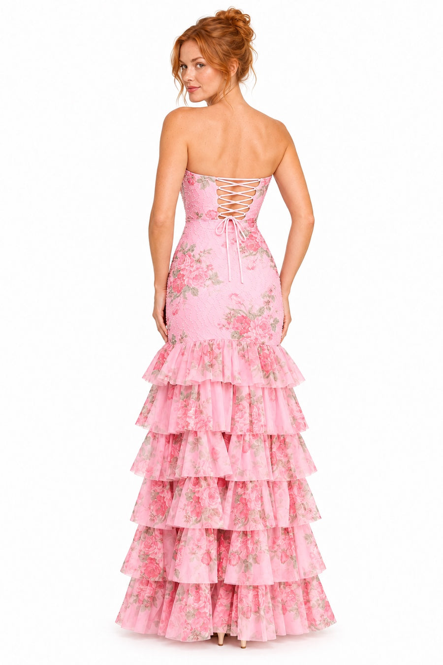 Pink Shop by MAF Vestido largo sirena strapless de malla con cuentas florales hot pink, vista 5