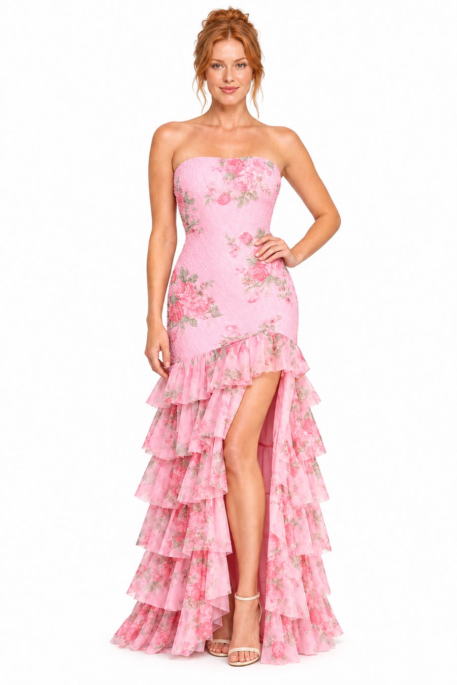 Pink Shop by MAF Vestido largo sirena strapless de malla con cuentas florales hot pink, vista 11