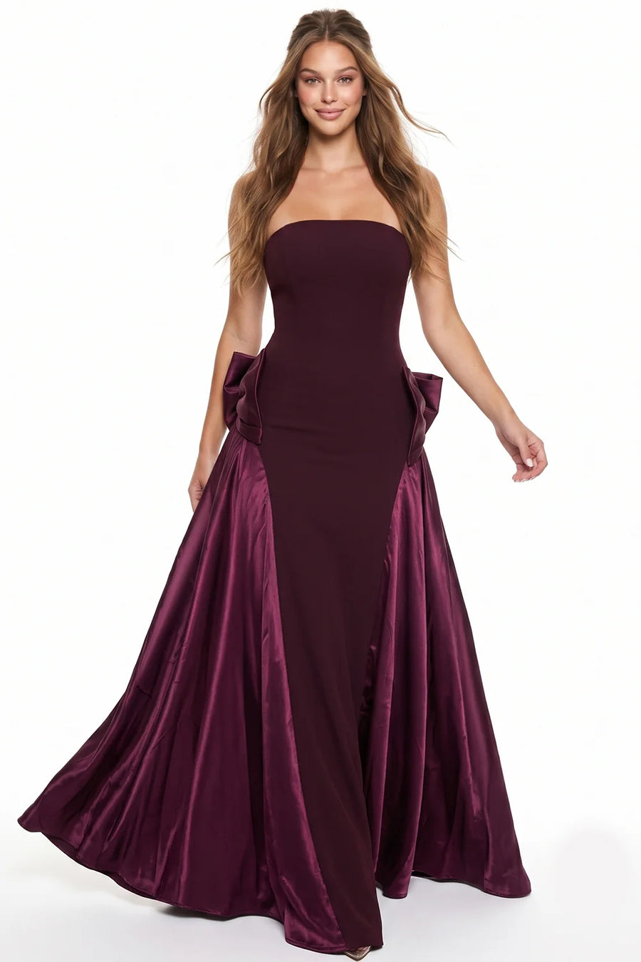 Pink Shop by MAF Vestido largo strapless con moños de satén vino, vista 1