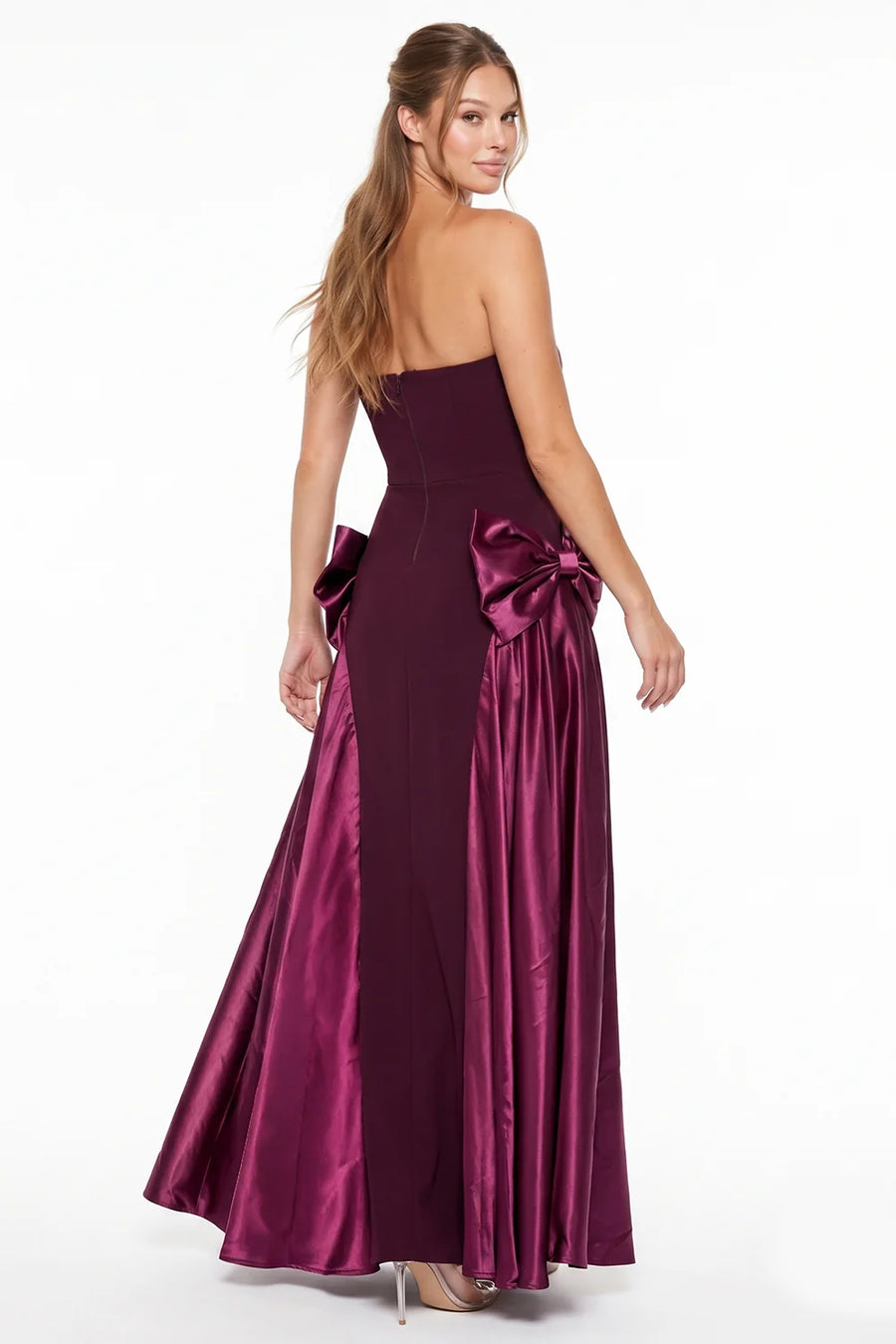 Pink Shop by MAF Vestido largo strapless con moños de satén vino, vista 2
