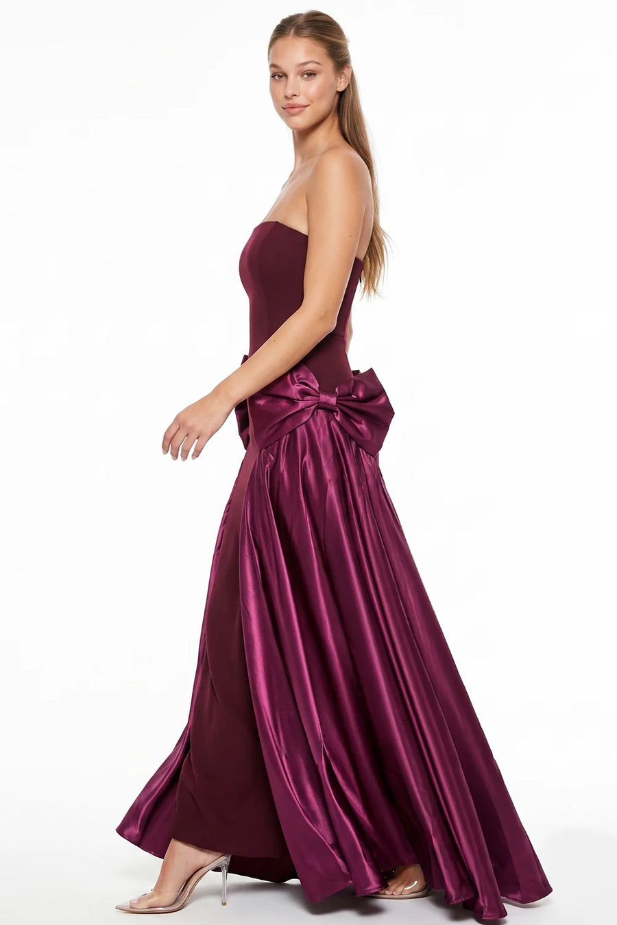 Pink Shop by MAF Vestido largo strapless con moños de satén vino, vista 3