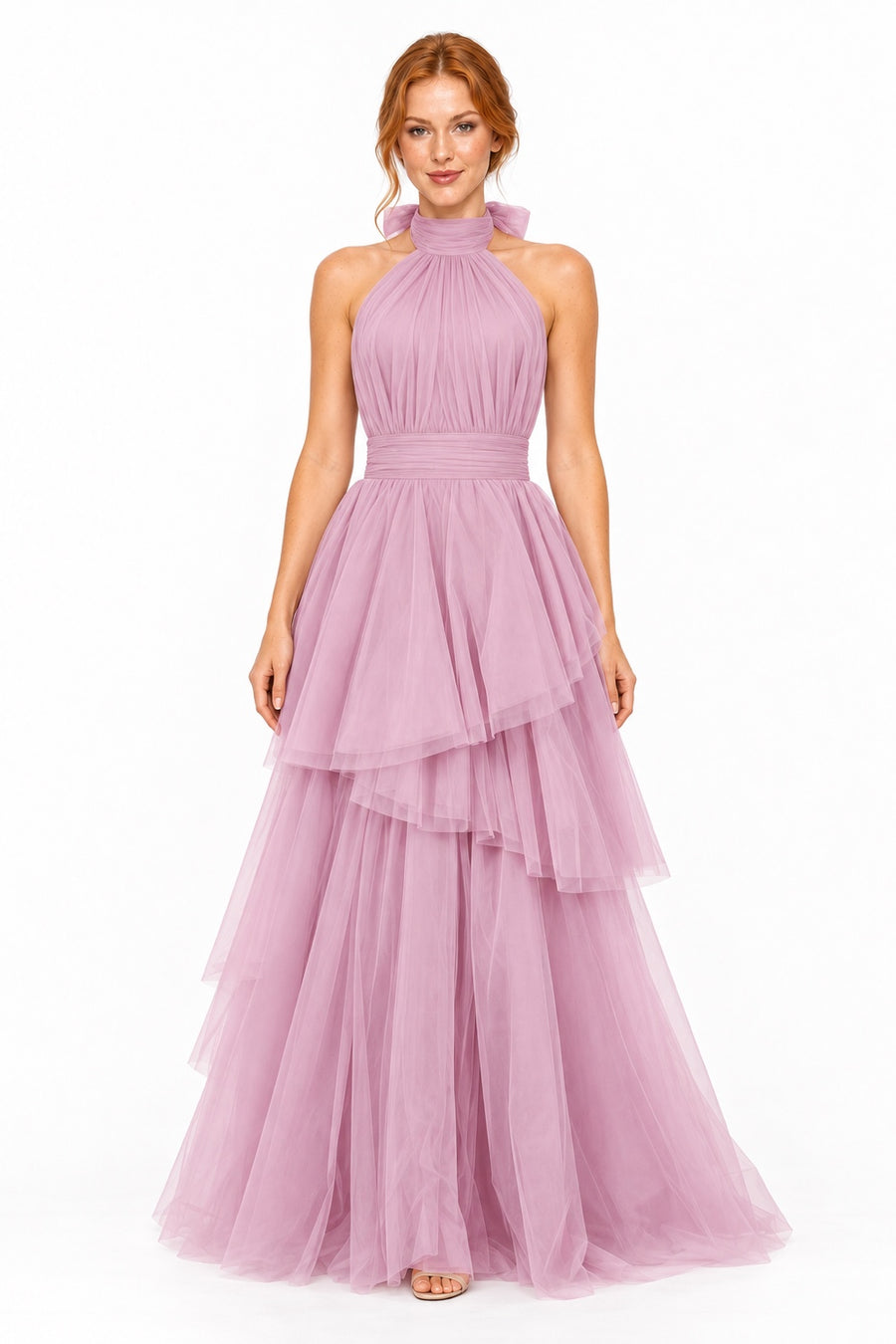 Pink Shop by MAF Vestido largo de tul halter con capas escalonadas mauve, portada