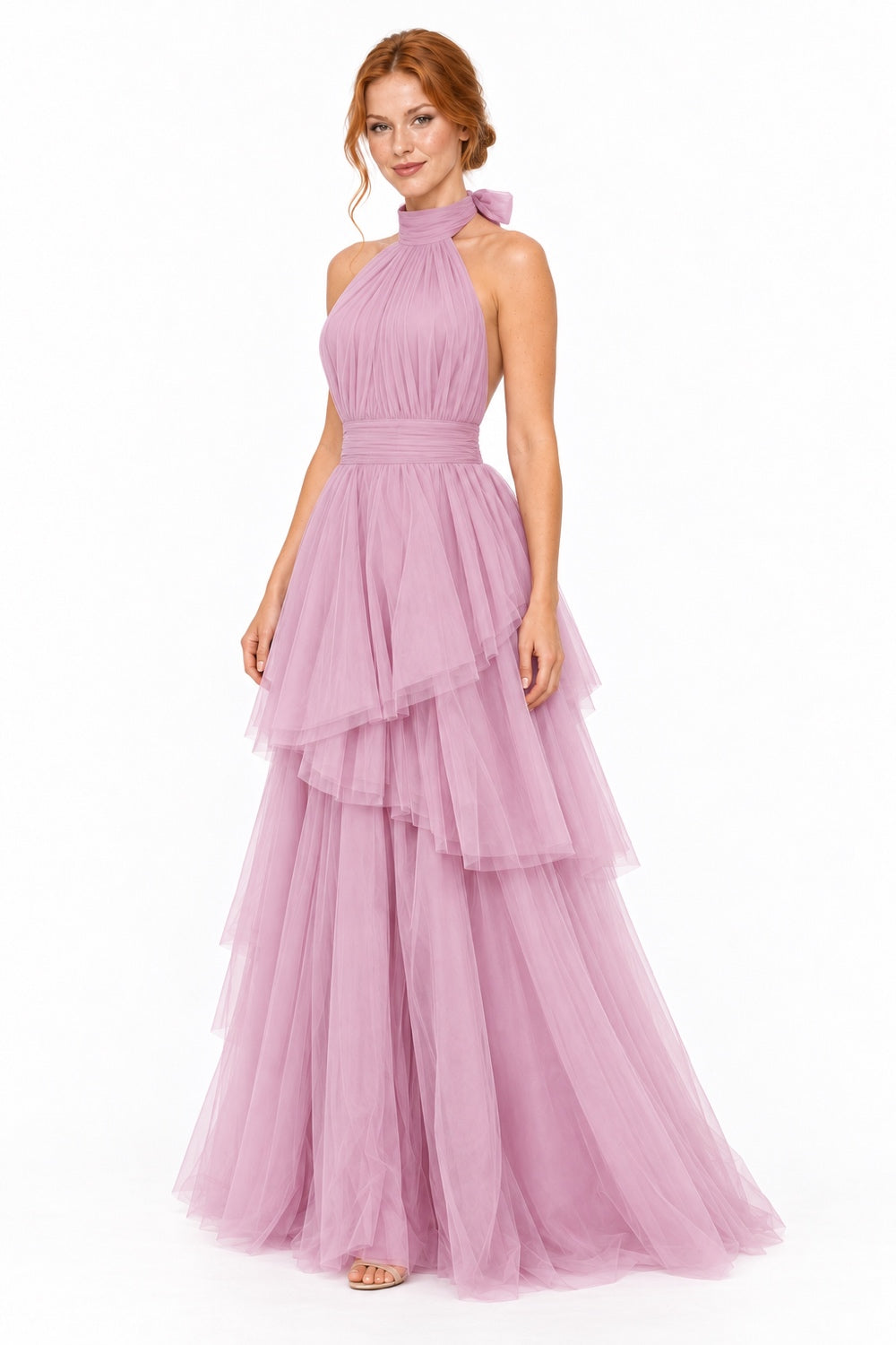 Pink Shop by MAF Vestido largo de tul halter con capas escalonadas mauve, tres cuartos