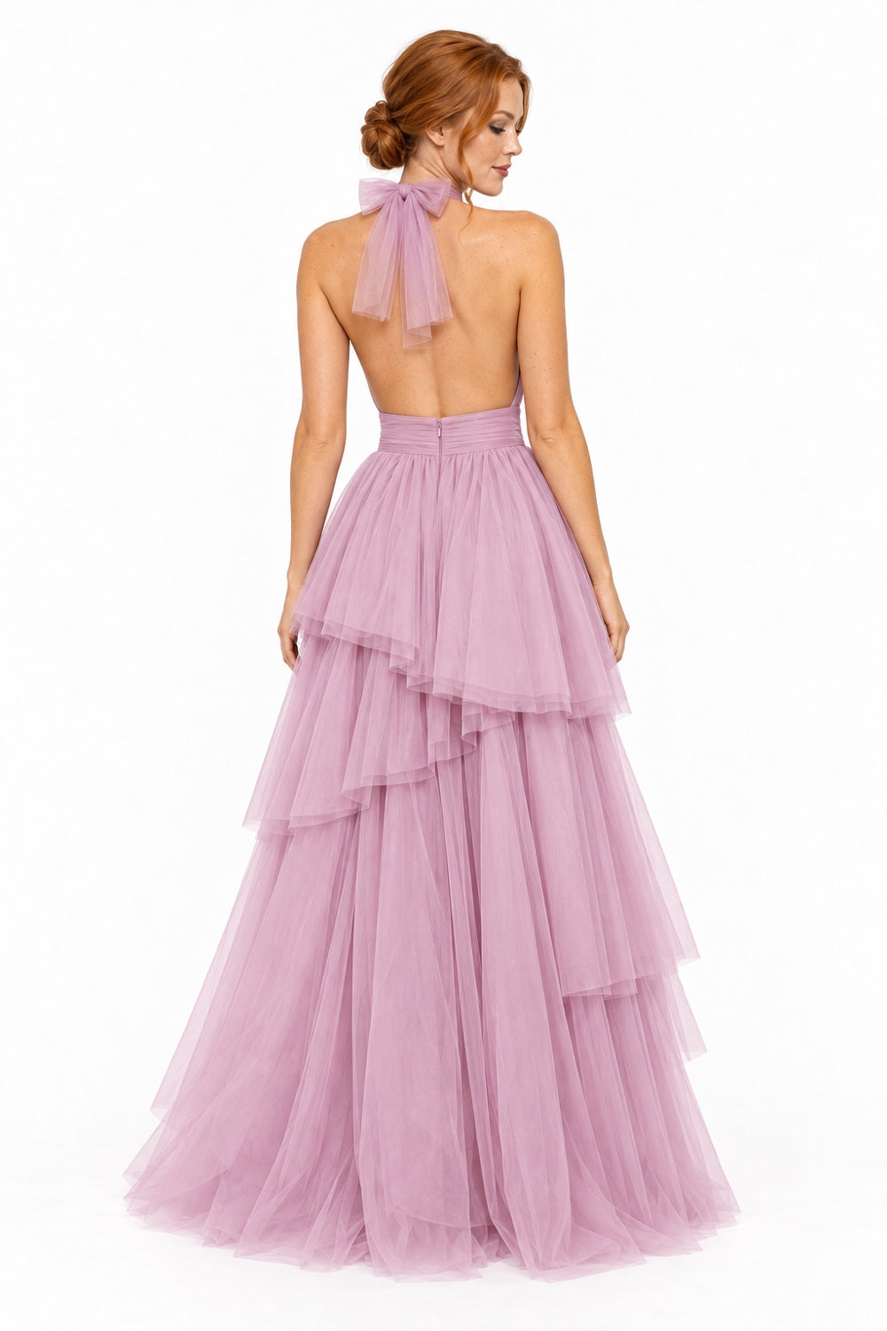 Pink Shop by MAF Vestido largo de tul halter con capas escalonadas mauve, espalda